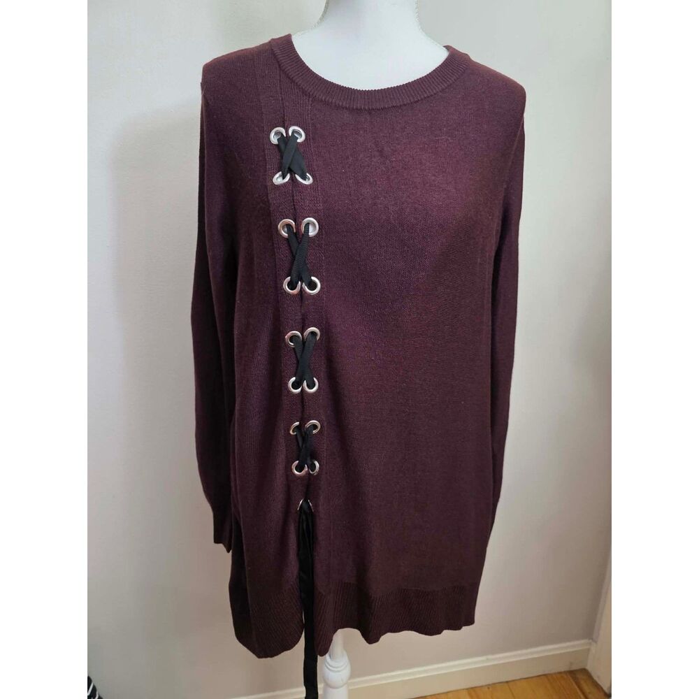 New York & Company Burgundy/Purpleish Lace Up Grommet Sweater Tunic